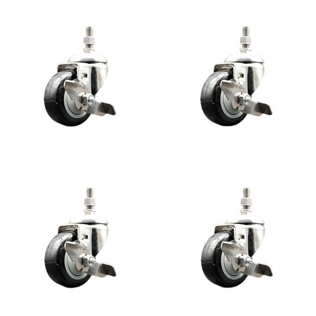 Service Caster 3.5 Inch 316SS Black Polyurethane Swivel 10mm Threaded Stem Caster Set Brake SS316TS20S3514-PPUB-BLK-TLB-M1015-4